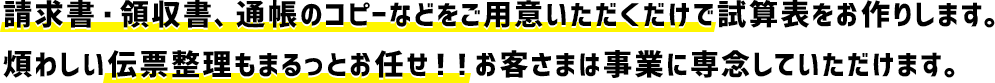 請求書・領収書、通帳のコピーなどをご用意いただくだけで試算表をお作りします。煩わしい伝票整理もまるっとお任せ！！お客さまは事業に専念していただけます。